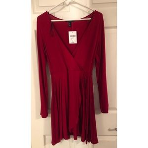 Red long sleeve faux wrap dress